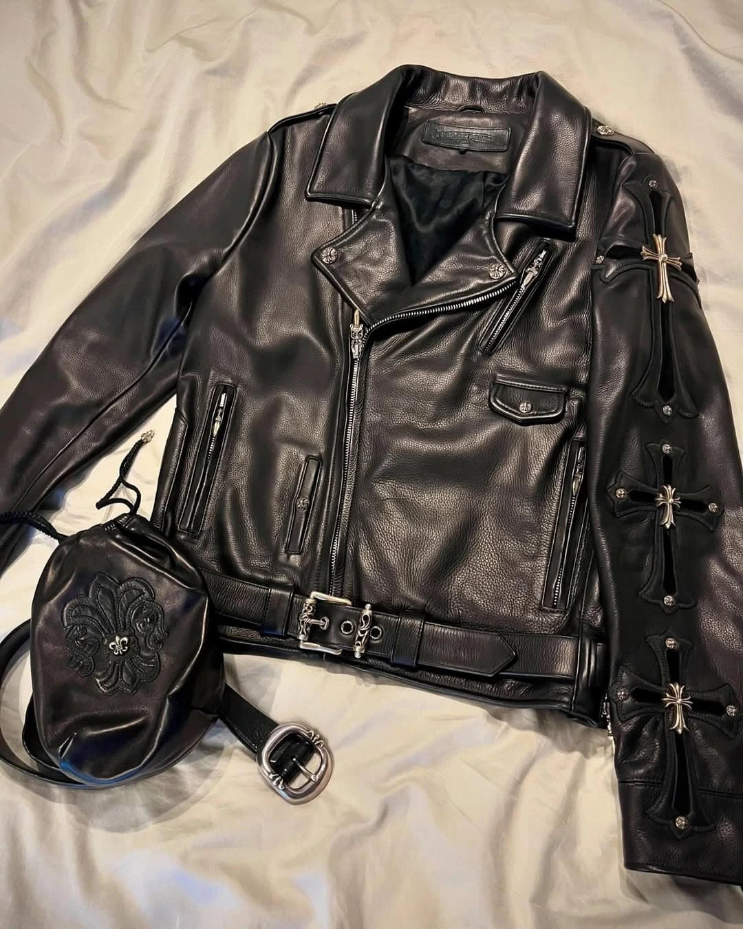 Gothic Cross Leather Biker Jacket